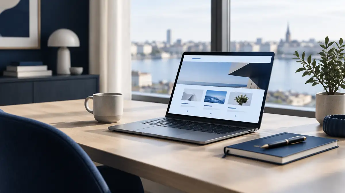 Laptop on a desk showing a modern business website