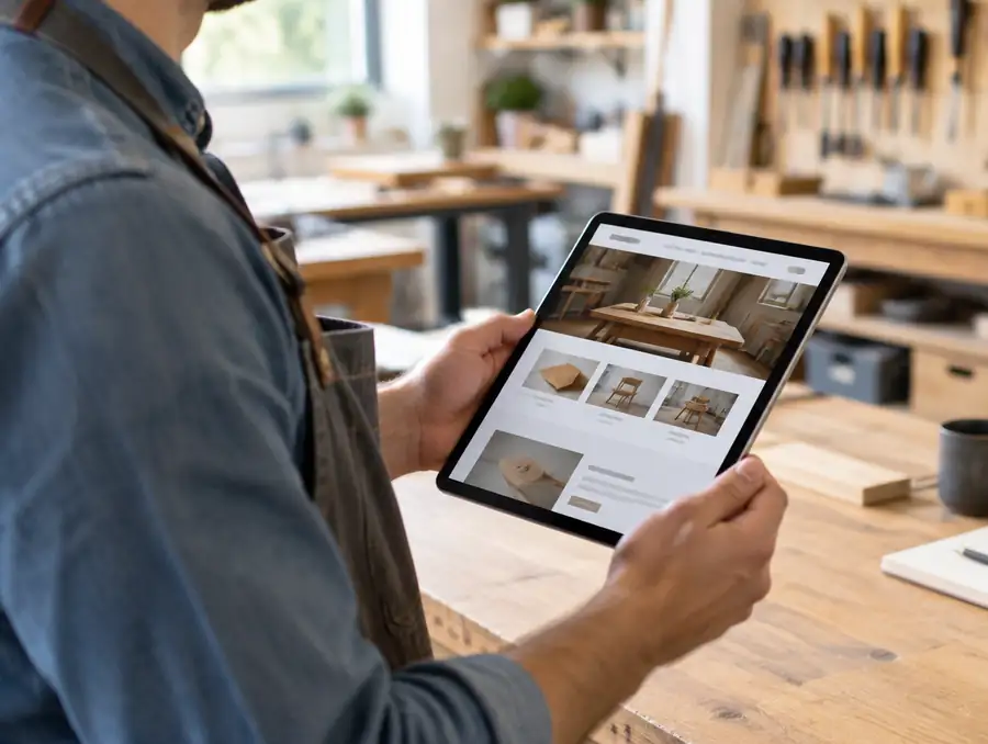 Craftsman in a workshop reviewing his business website on a tablet
