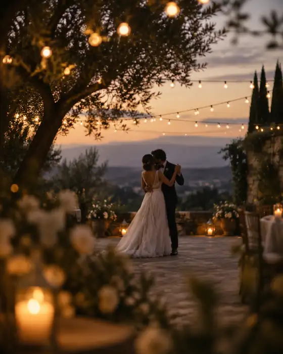 First dance in the garden under string lights at sunset